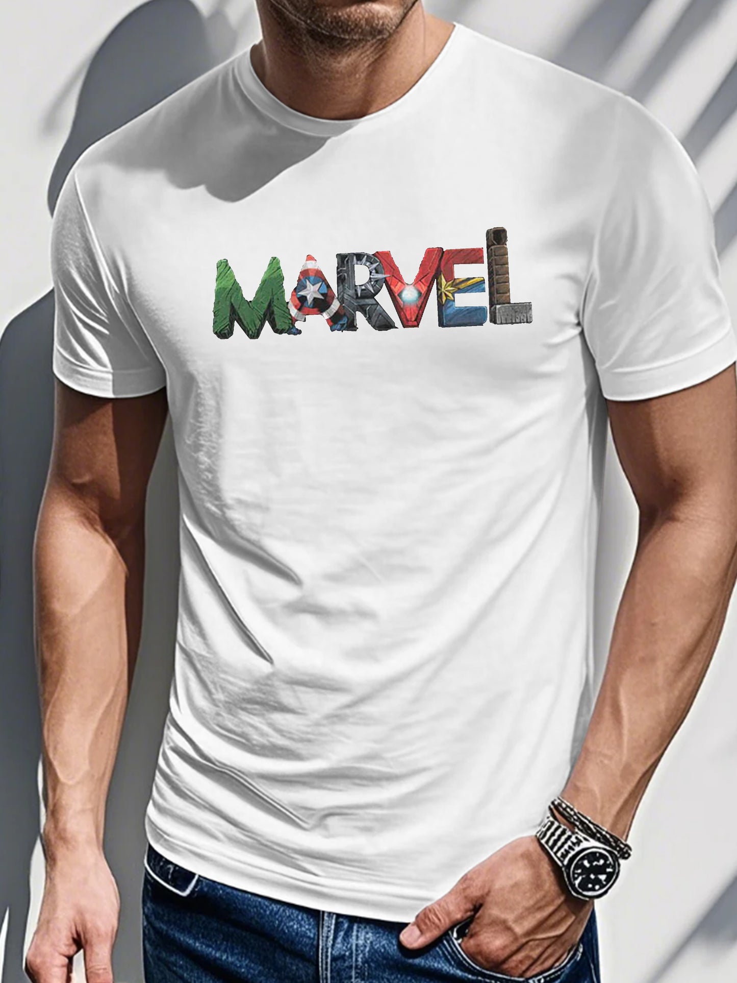 Men's Printed T-shirt-Comic pattern with bold text graphics