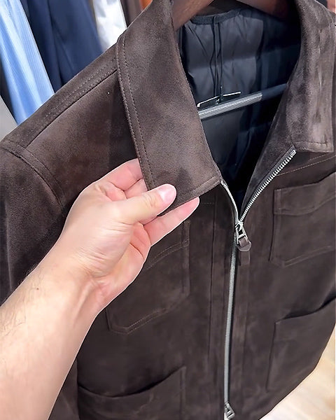 Suede Lapel Multi-Pocket Double Zip Jacket