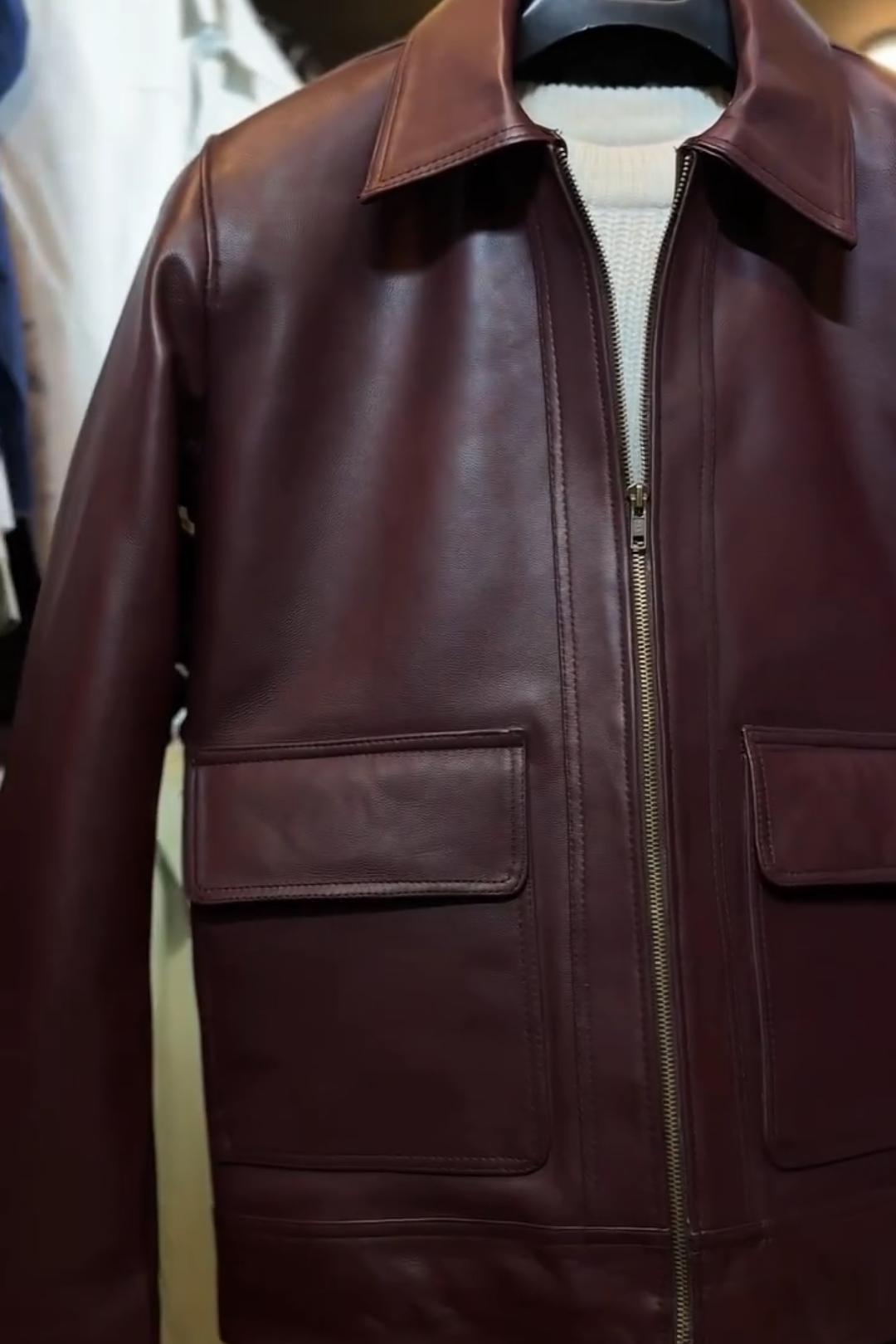 Wine Red Double Pocket PU Leather Jacket