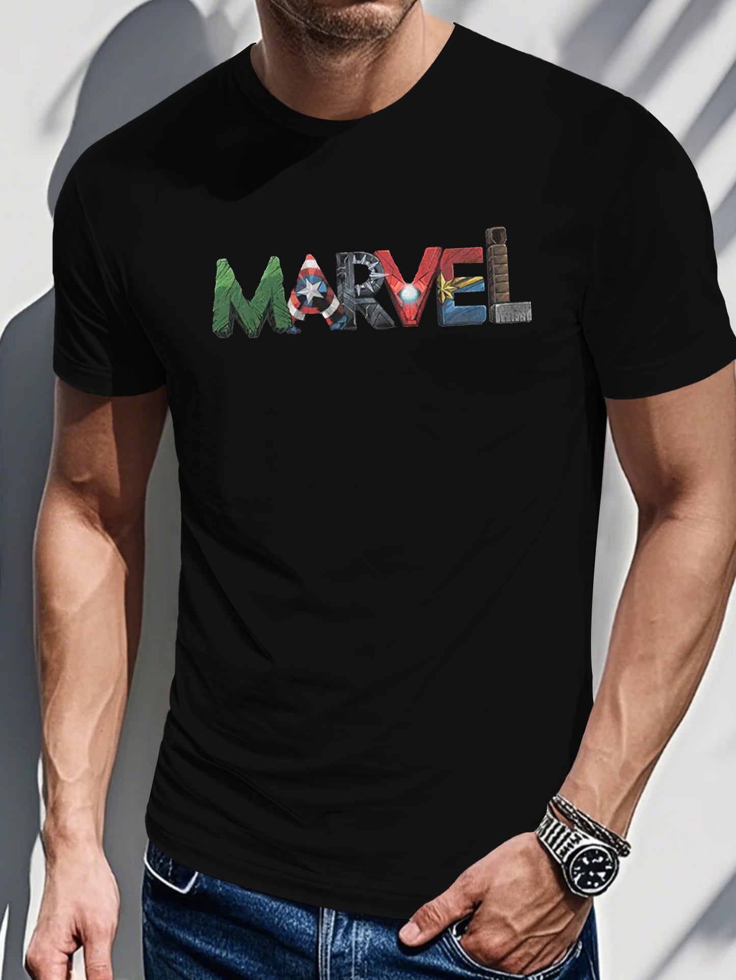 Men's Printed T-shirt-Comic pattern with bold text graphics