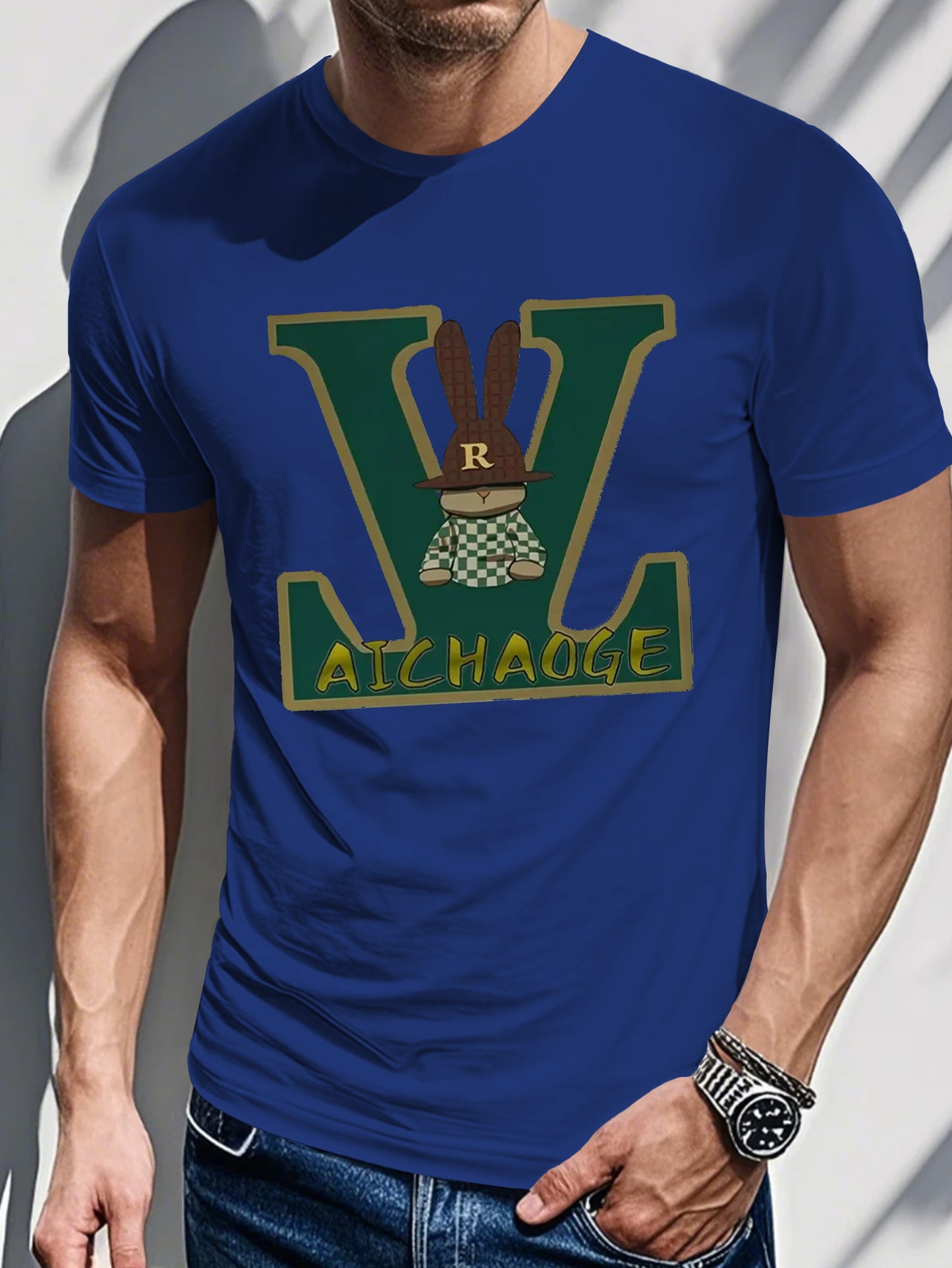 Men's Summer Casual Loose Fit T-Shirt - Olive Green Geometric Letter Print Round Neck Tee