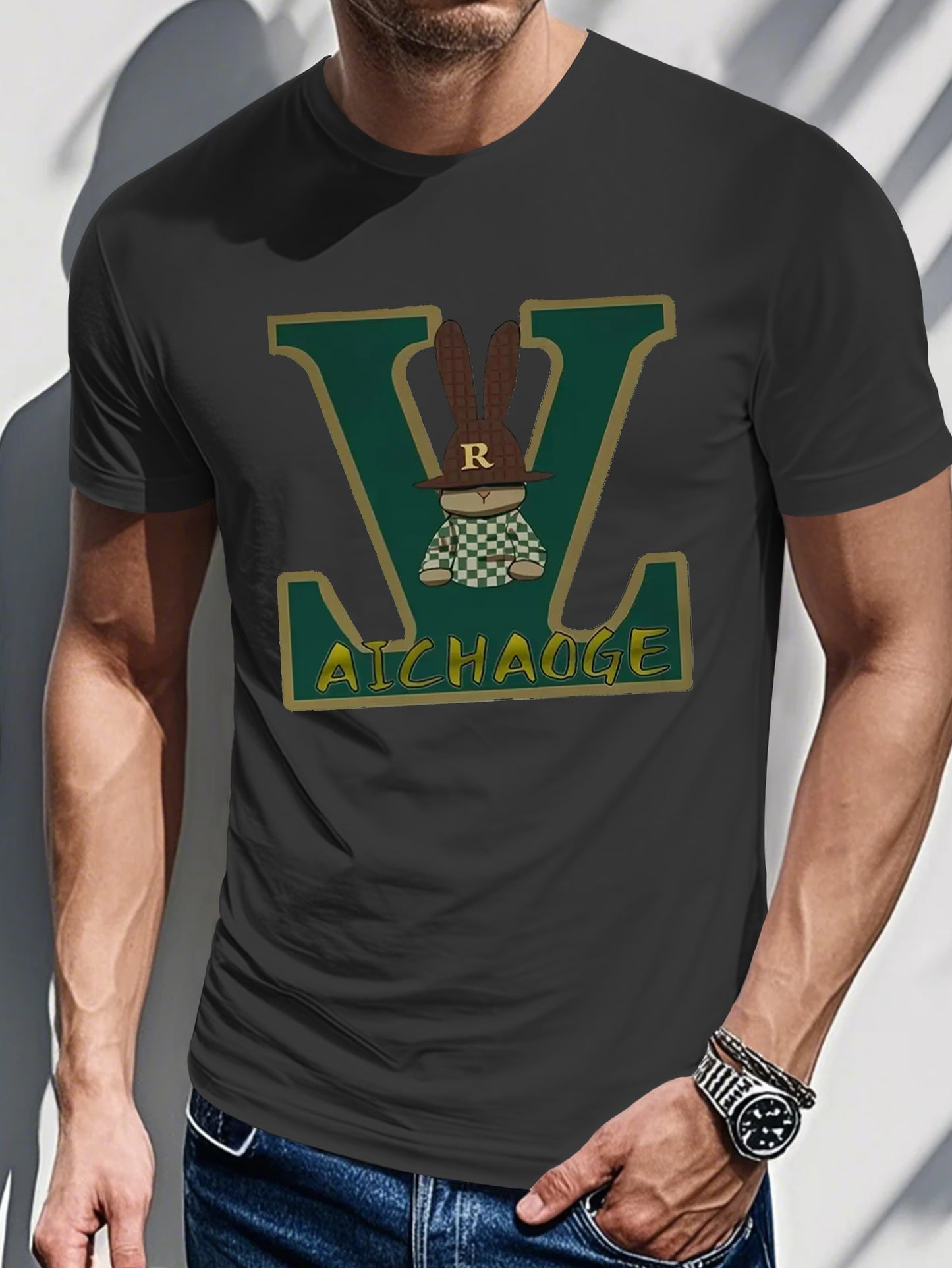 Men's Summer Casual Loose Fit T-Shirt - Olive Green Geometric Letter Print Round Neck Tee