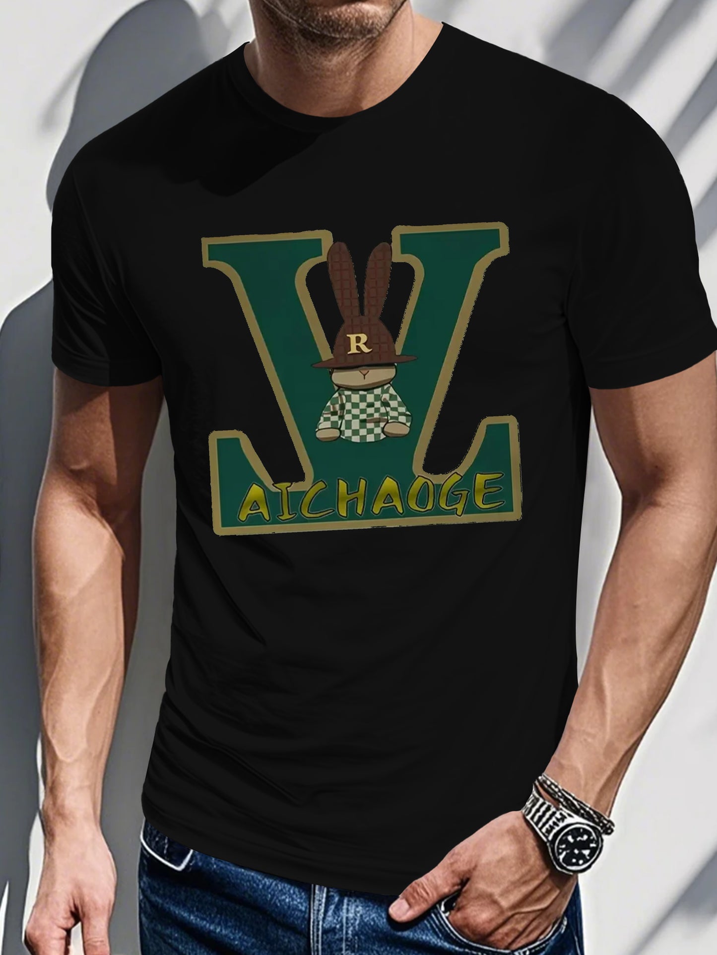 Men's Summer Casual Loose Fit T-Shirt - Olive Green Geometric Letter Print Round Neck Tee