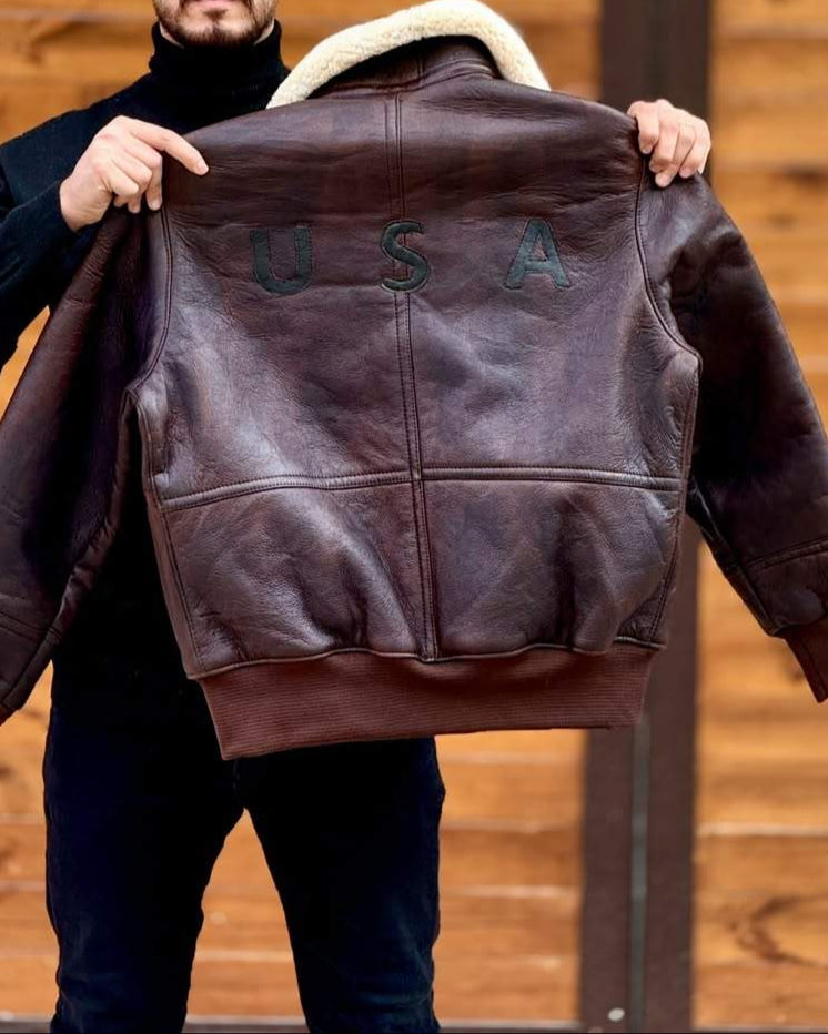 Distressed Leather Jacket With Plush Lapels