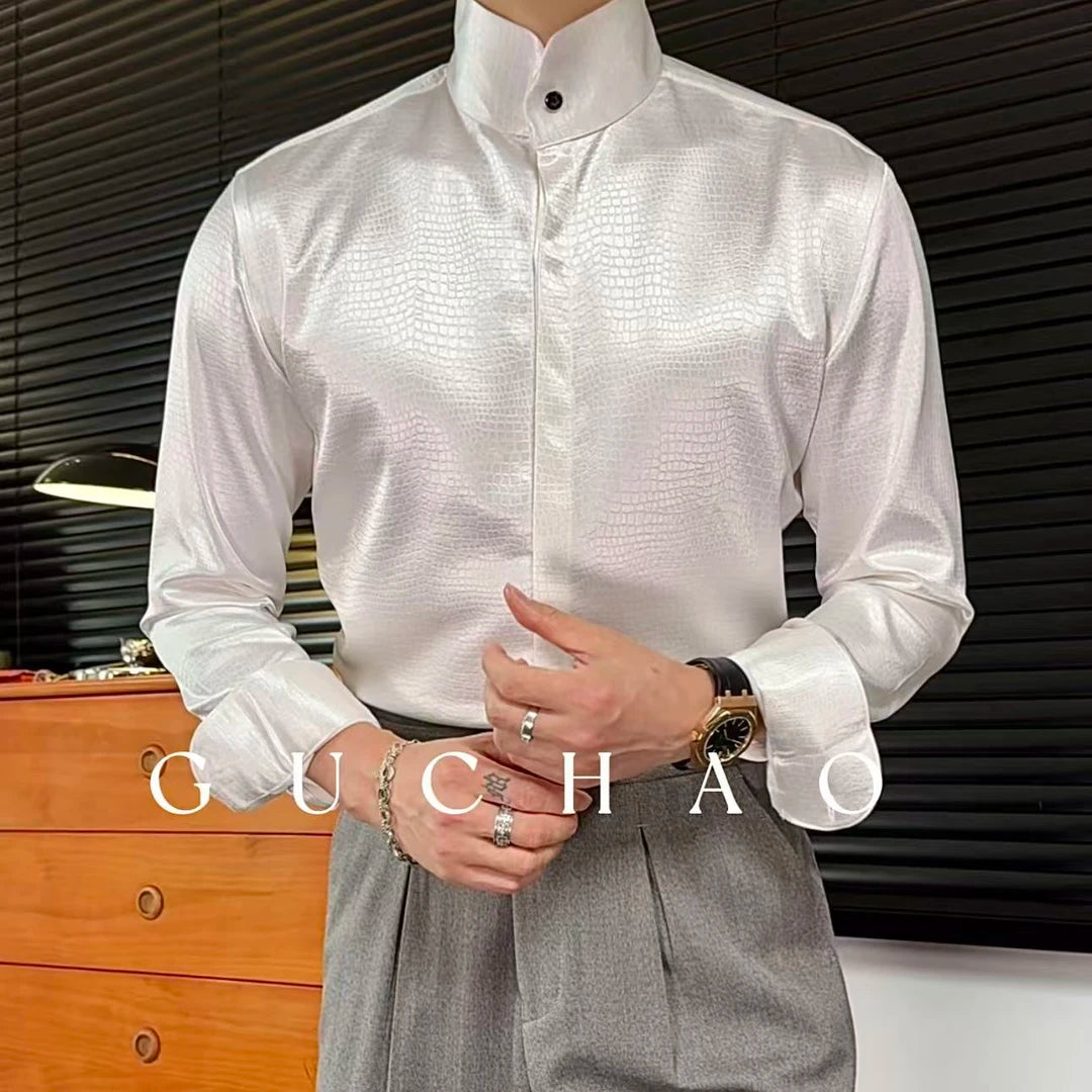 Men’s Satin Stand Collar Long Sleeve Shirt