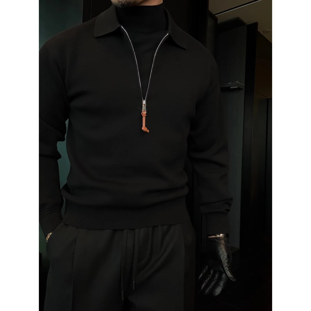Knitted Zipper Polo Slightly Wide Long Sleeve Sweater