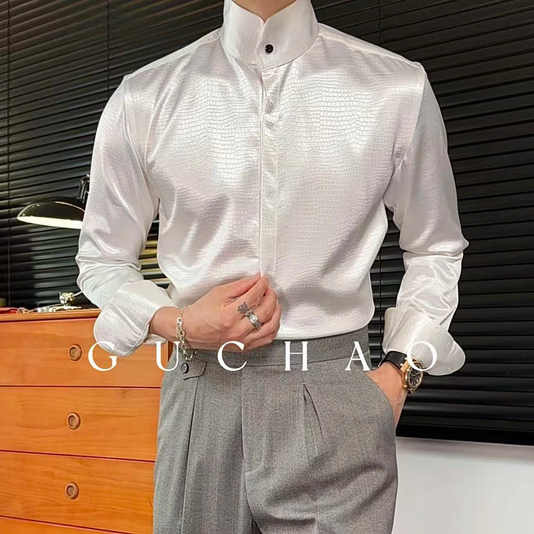Men’s Satin Stand Collar Long Sleeve Shirt