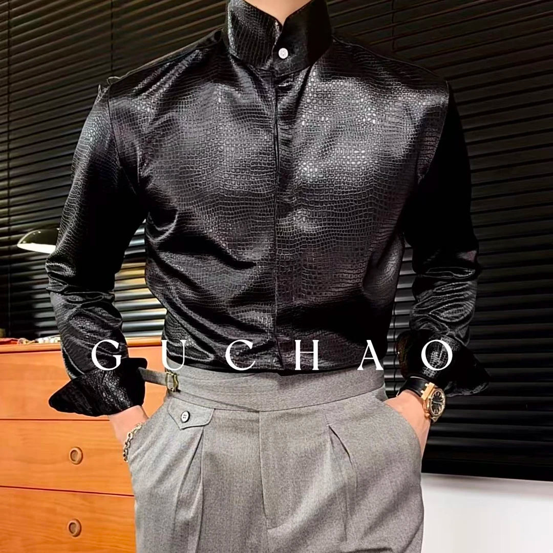 Men’s Satin Stand Collar Long Sleeve Shirt