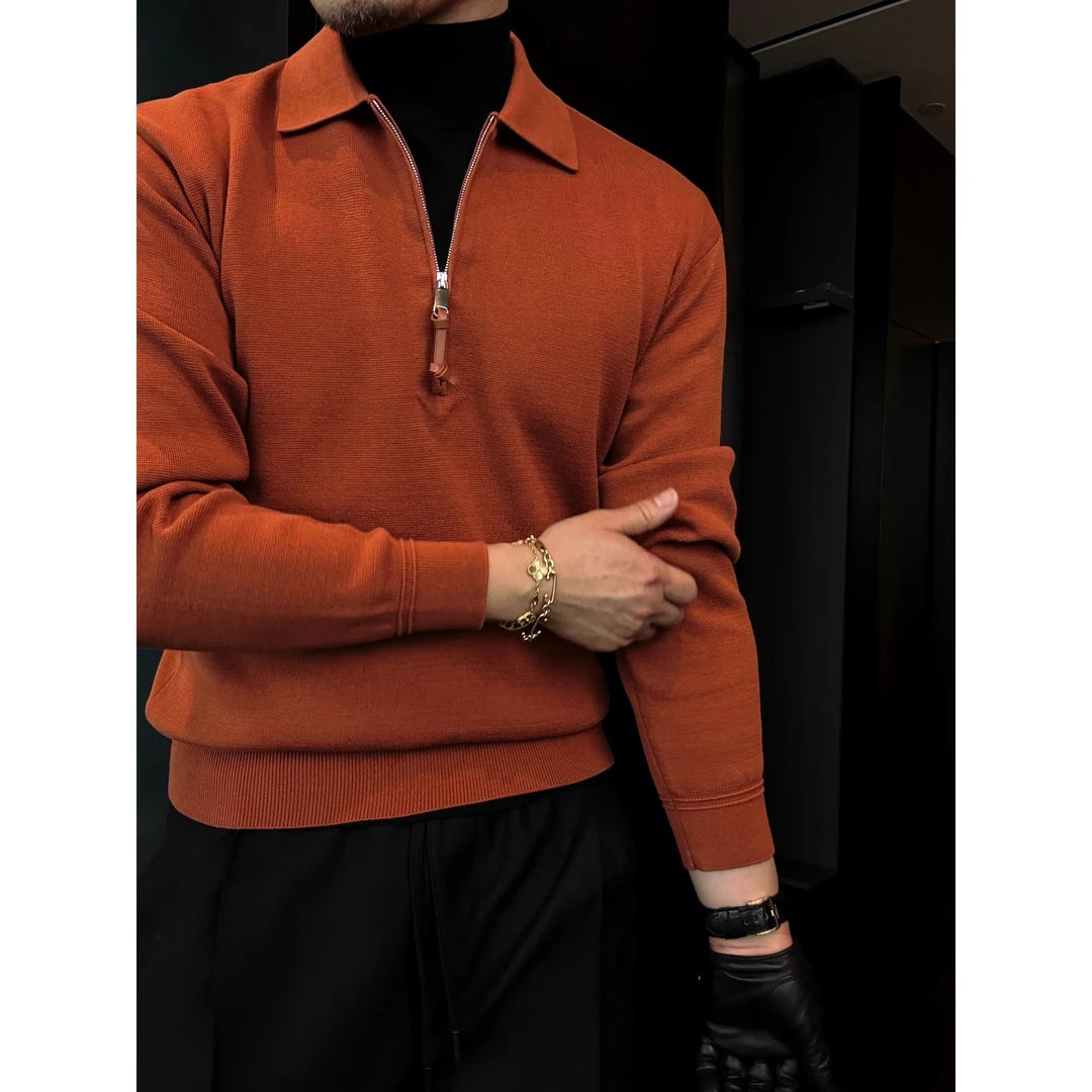 Knitted Zipper Polo Slightly Wide Long Sleeve Sweater