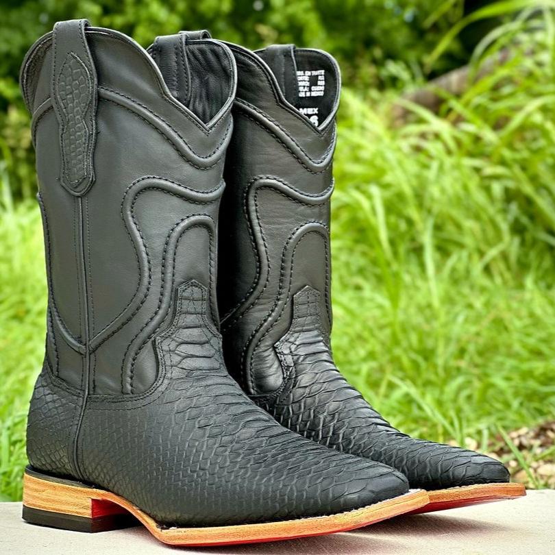 Matte Black Square Toe Python Boots
