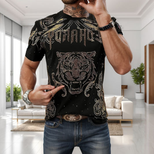 Men's Cotton Tiger Head Rhinestone T-Shirt