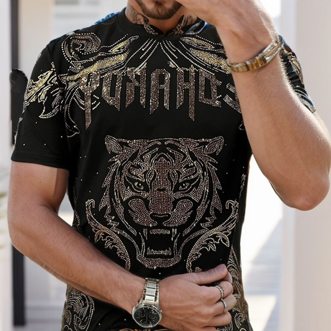 Men's Cotton Tiger Head Rhinestone T-Shirt