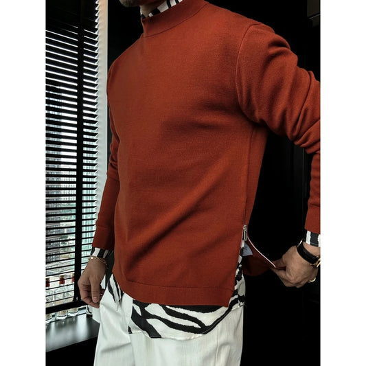 Side Zipper Casual Crew Neck Sweater Long Sleeve