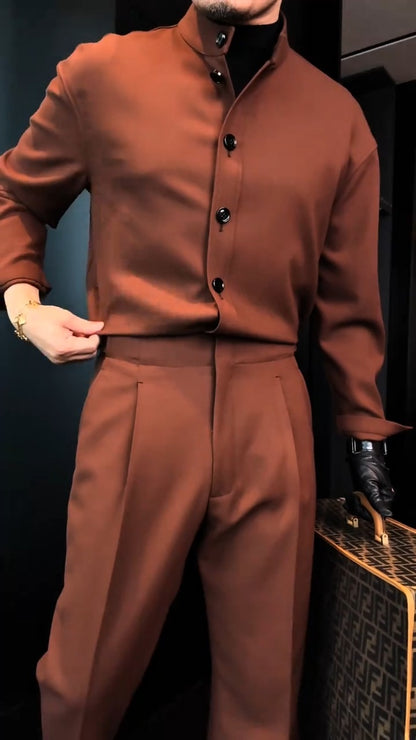 Men's Classic Solid Color Shirt and Trousers Set