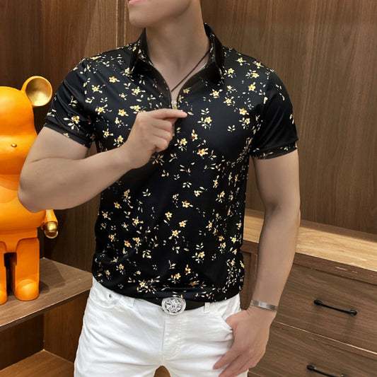 Men's Fashion Slim Fit Floral Zipper Short Sleeve Shirt