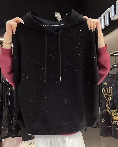 Black Hooded Sweatshirt With Starry Sequins