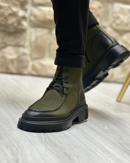 Army Green Suede Lace-Up Martin Boots