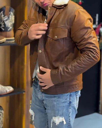 Fleece Lapel Leather Jacket