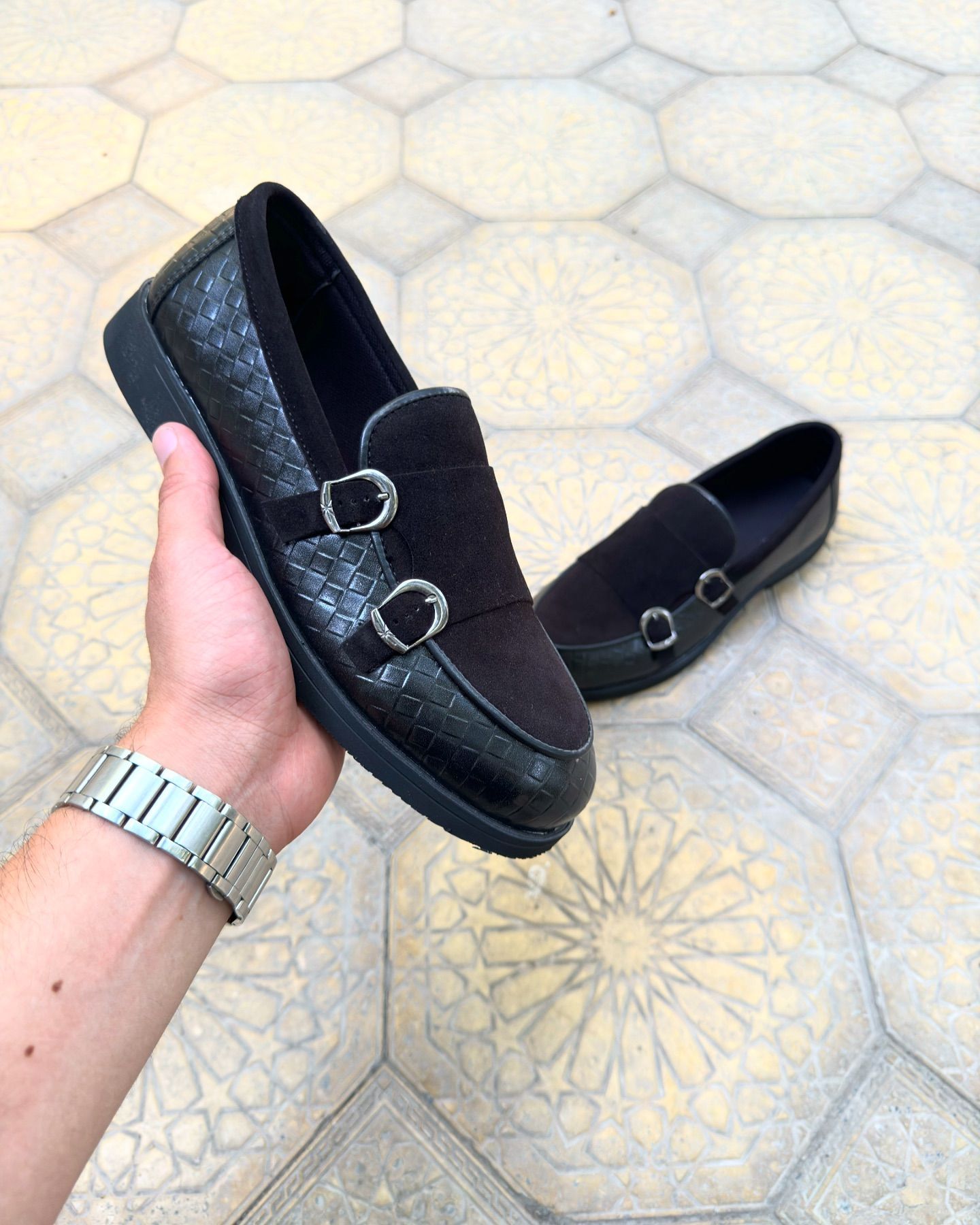 Men's Double Buckle Suede Woven Loafers