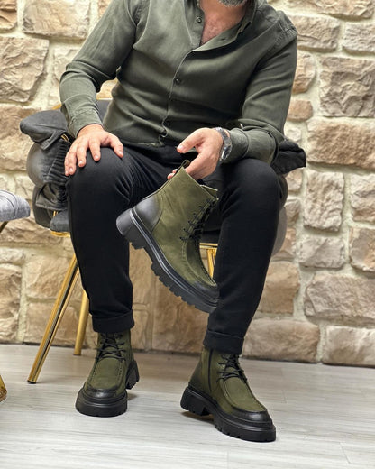 Army Green Suede Lace-Up Martin Boots