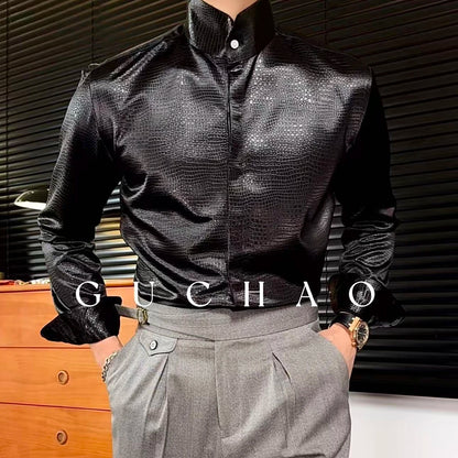 Men’s Satin Stand Collar Long Sleeve Shirt