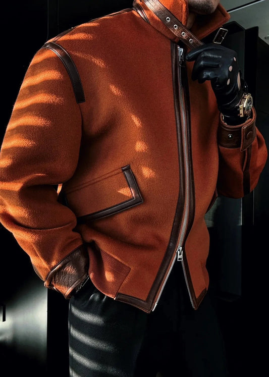 Leather-Trimmed Lapel Cashmere-Blend Jacket