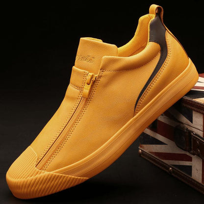 Men's Yellow Leather Slip-On Sneakers With Zipper Closure