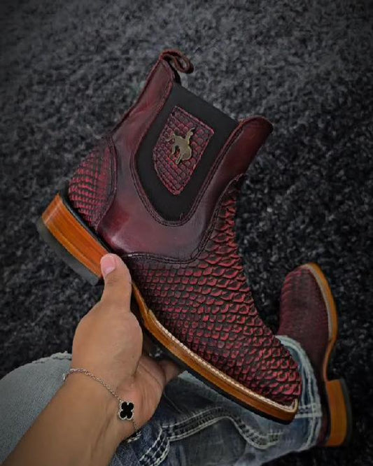 Dark Red Vintage Scale Pattern Slip-On Boots