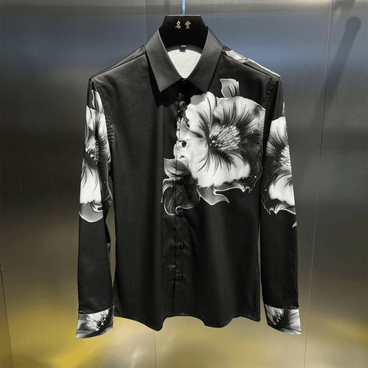 Classic Black and White Floral Rhinestone Shirt