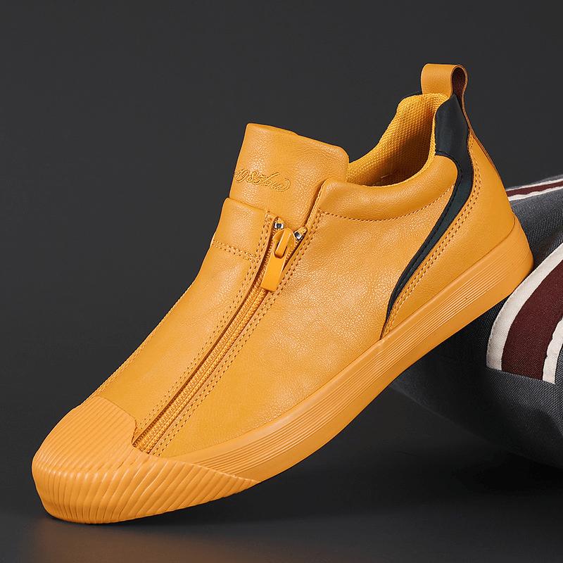 Men's Yellow Leather Slip-On Sneakers With Zipper Closure